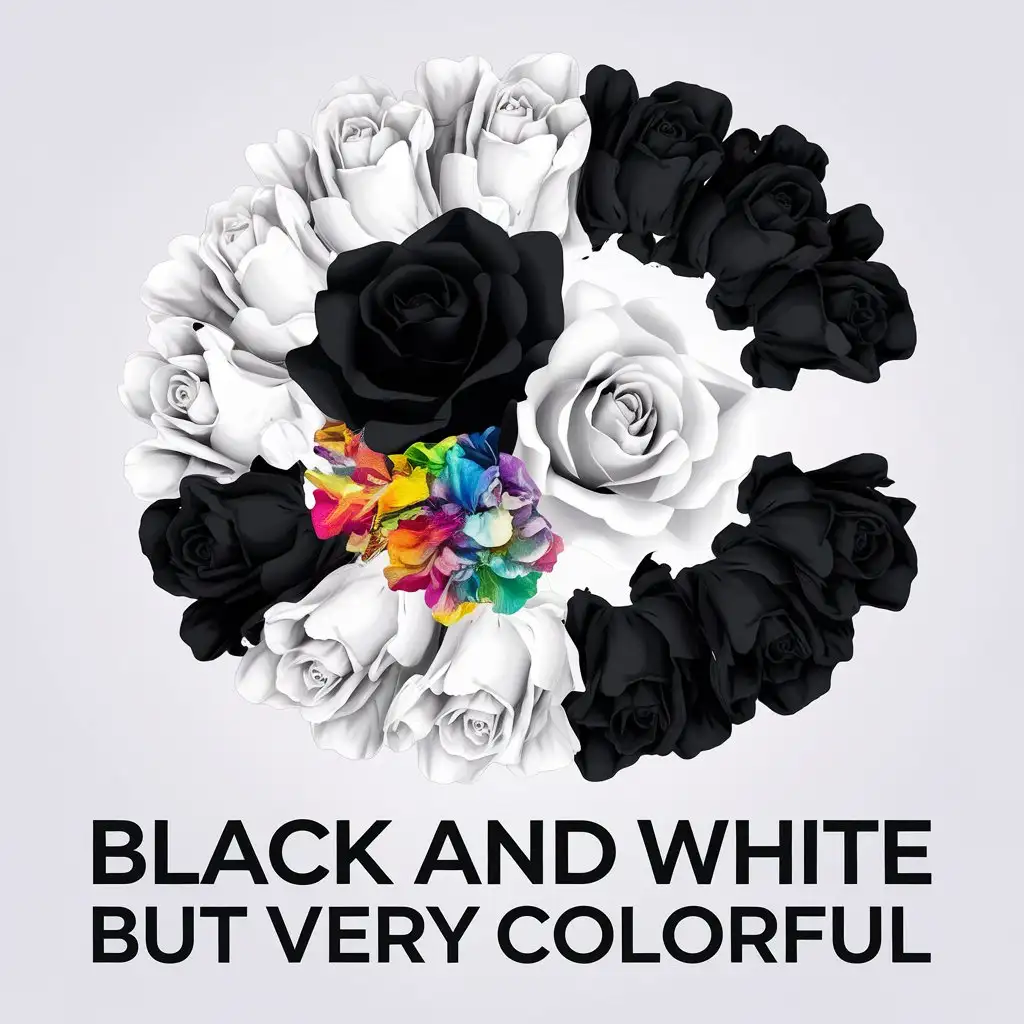 a vector logo design,with the text "Black and white but very colorful", main symbol:Corroncina made up of white and black flowers with inside a composition of a black rose, a white rose and a multicolored flower,complex,clear background