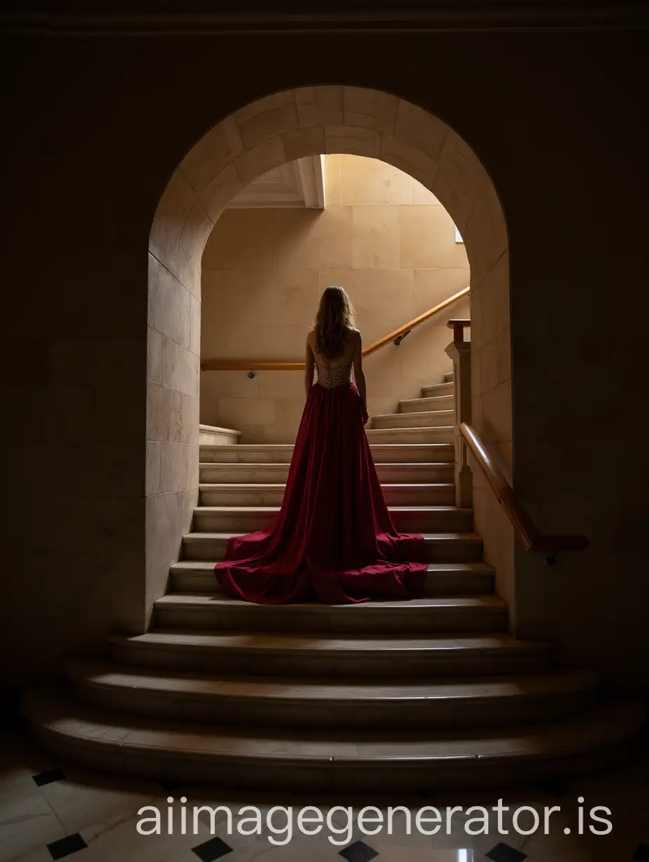 Woman-in-Evening-Gown-Descending-Marble-Staircase-in-Castle-at-Night