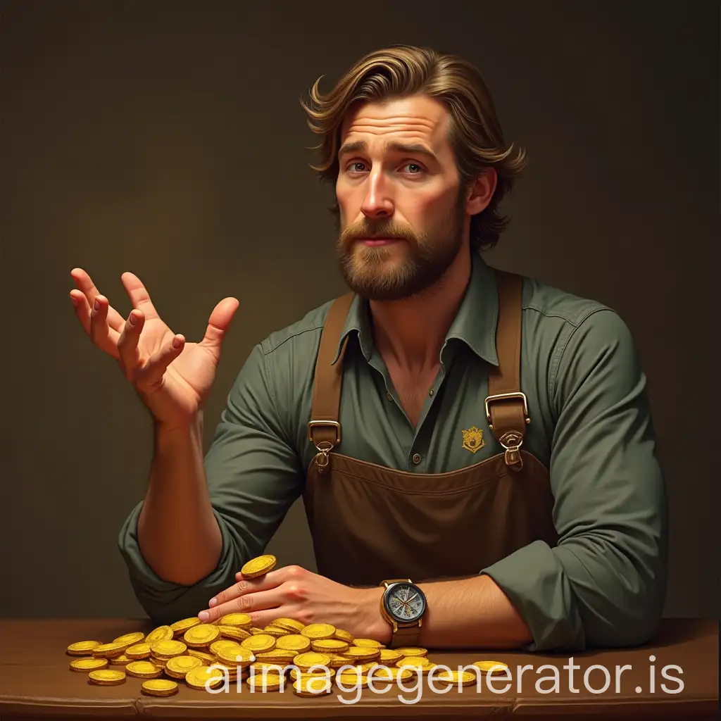 Thomas-Man-Gesturing-Towards-Gold-Coins-with-a-Thoughtful-Expression