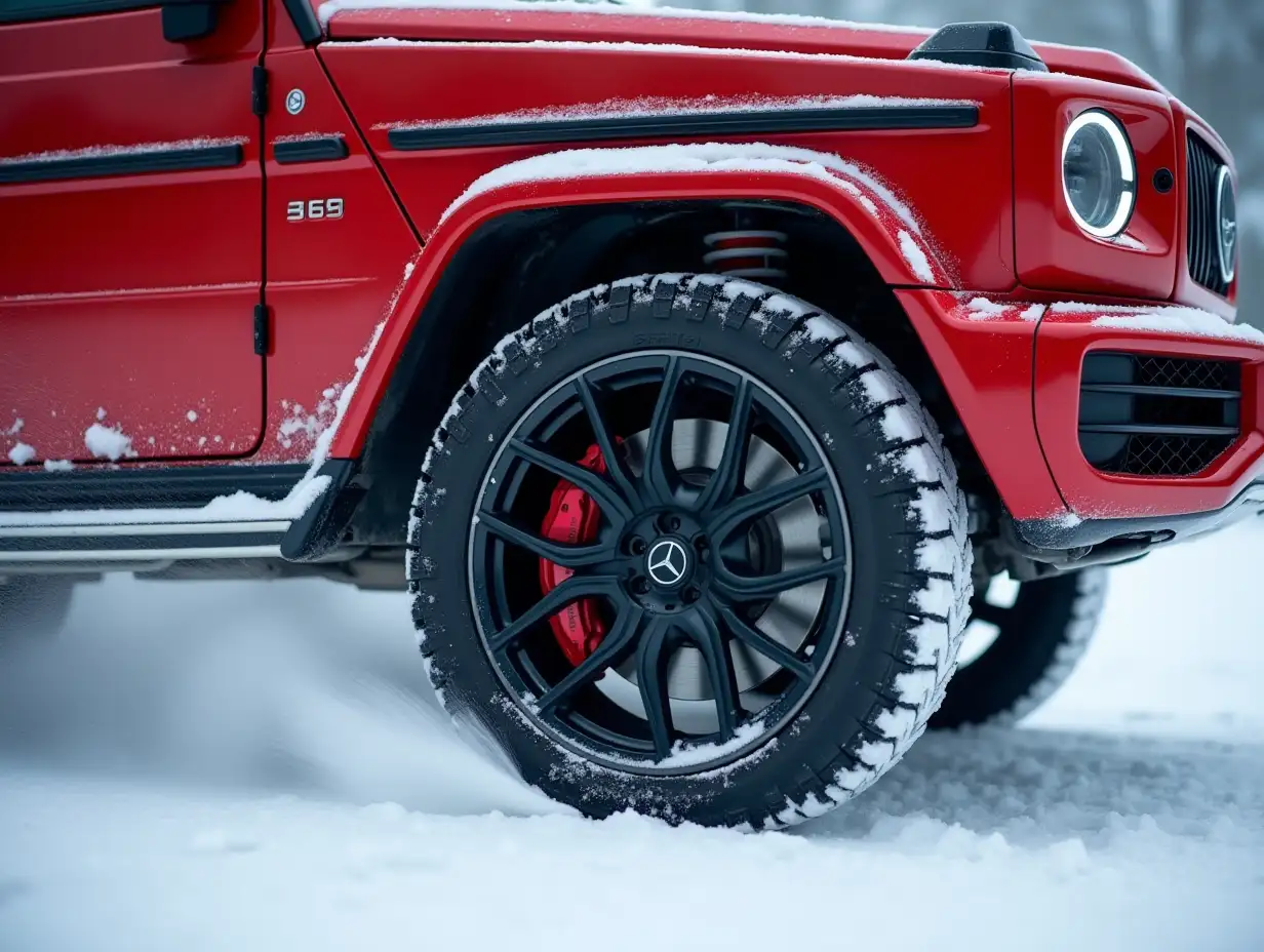 close-up of the wheel of a red Mercedes G63, which is driving through the snow - side view, the camera is hanging on the door and look slightly from above at the wheel side and top view