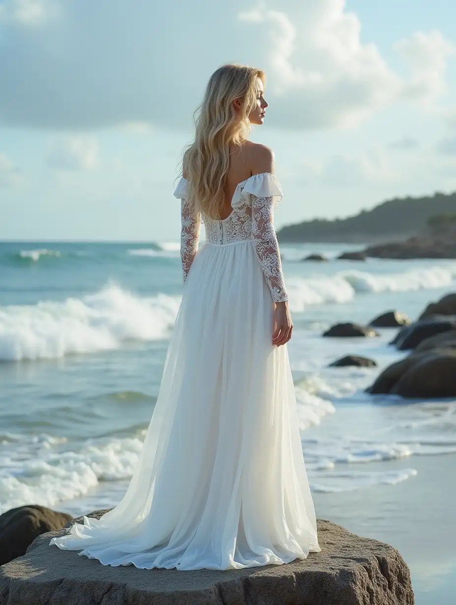 Russian girl, beautiful, blonde, long hair, 19 years old, white dress, high quality lined lace, long embroidered, long sleeves, strapless, off shoulder, full body, realistic image, standing on a rock, smooth gray rocks, behind them sea waves, water hitting rocks, water splashing, air , 8K , 3D