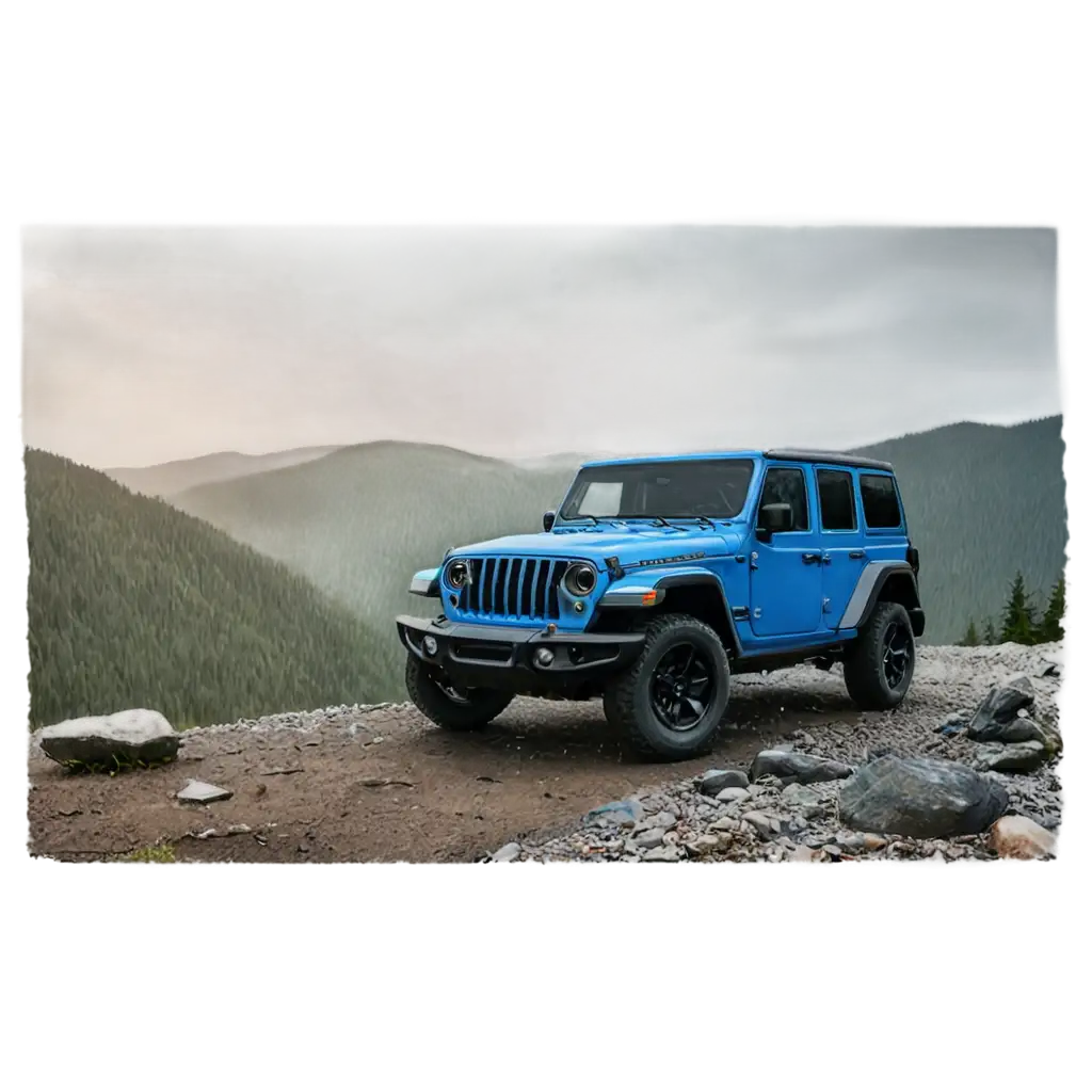 cartoon of a 2021 blue Jeep wrangler in mountains