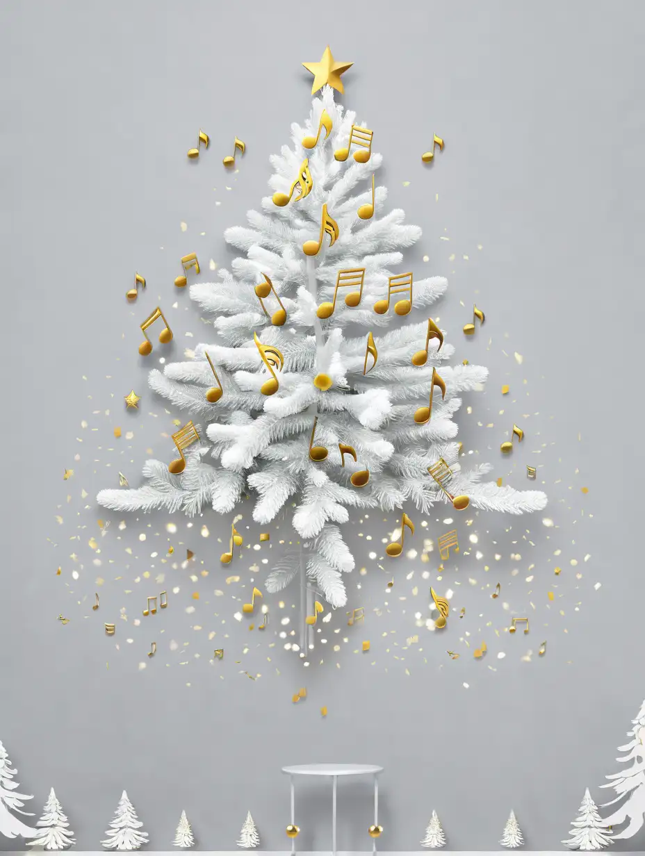 White Christmas Tree Surrounded by Golden Musical Notes