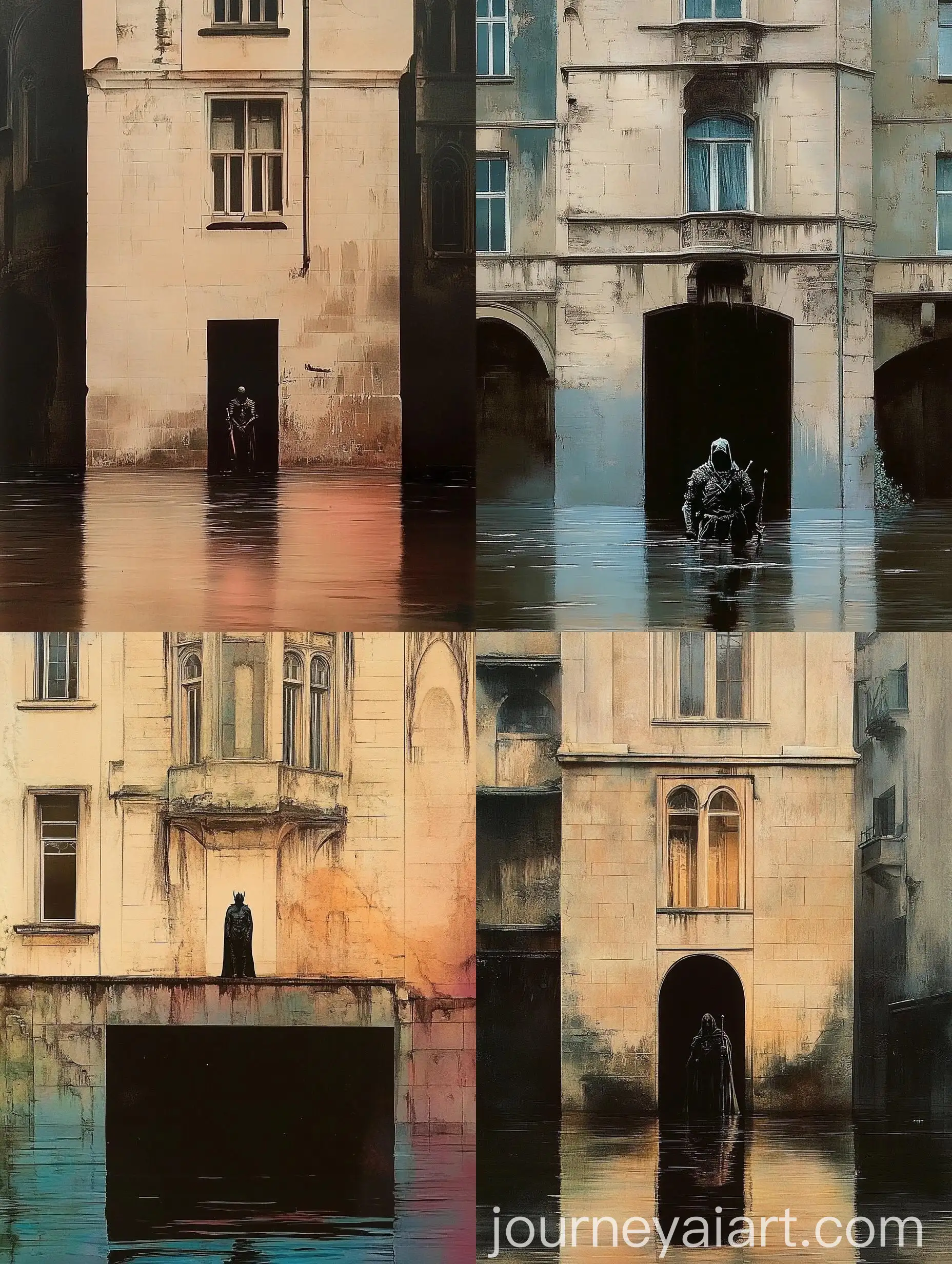 Dark-Fantasy-Book-Cover-Black-Knight-Standing-on-Water-with-Minimalist-Building