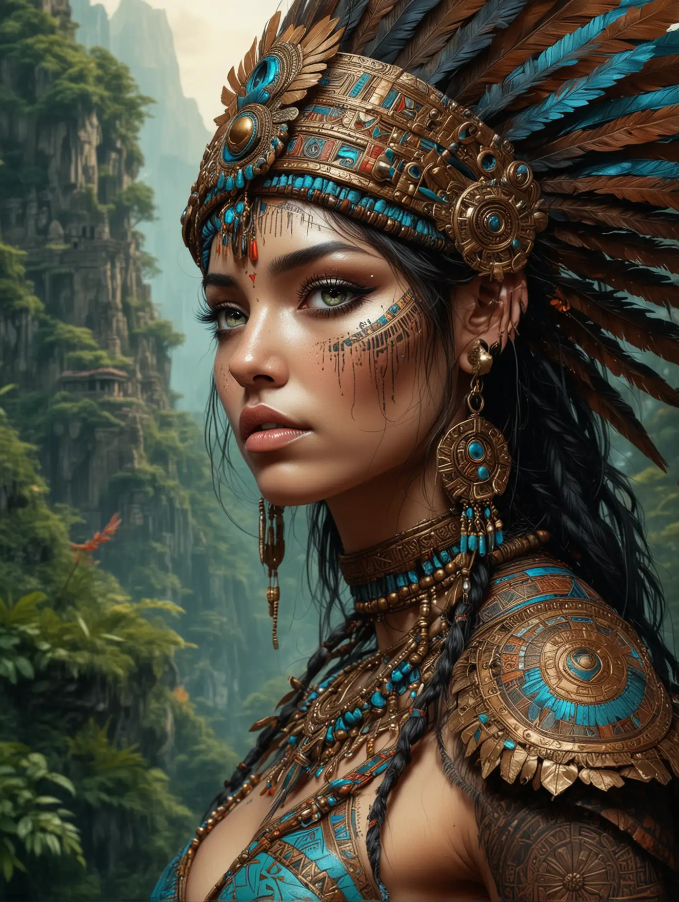 Majestic-Dragonfly-Resting-on-Shoulder-of-Beautiful-Aztec-Girl-Warrior