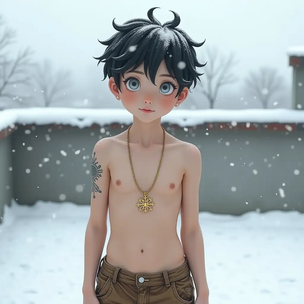 Boy, child, 11 years old, black hair with white highlights, white eyes, pale white skin, shirtless, tatty brown shorts, gold snowflake necklace around his neck, snowflake tattoo on his upper arm, standing on rooftop, snowing, snow scenery