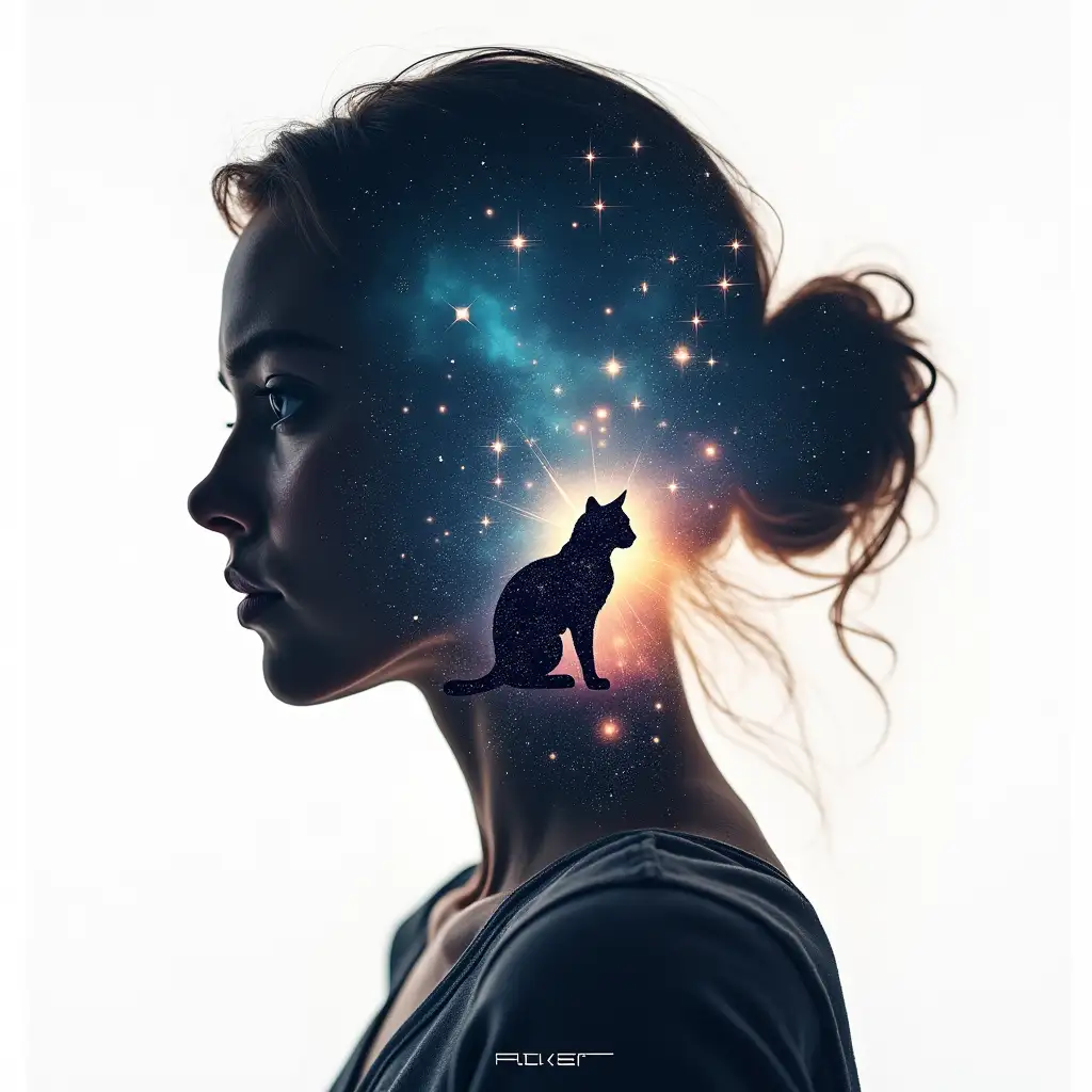 Double exposure design:nSilhouette of the protagonist filled with stars and nebulae.nSuperimpose the image of her cat in a corner, also full of space elements.nAdd lines and geometric elements to give a sense of advanced technology.