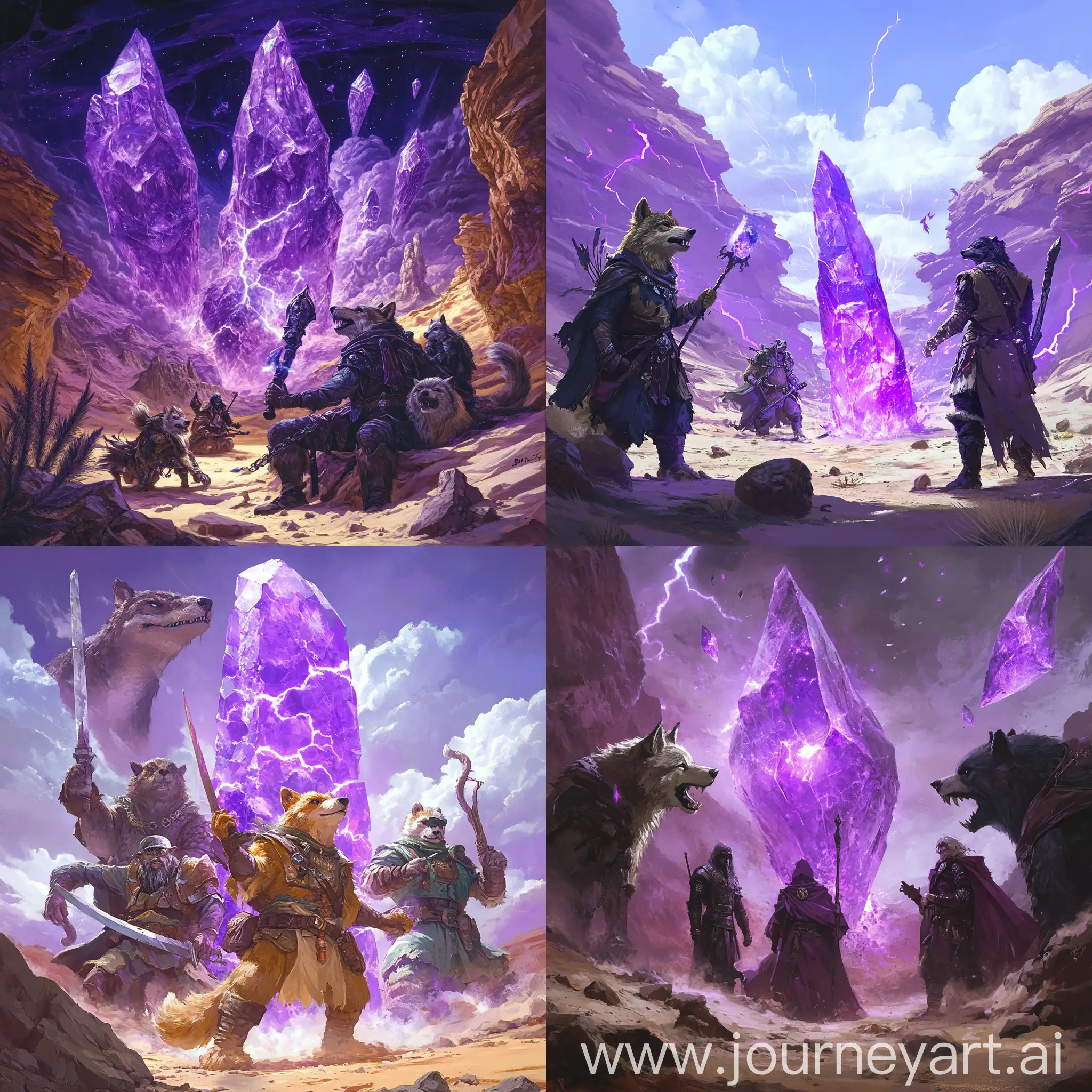 Epic-Fantasy-Composition-with-Anthropomorphic-Heroes-and-Purple-Crystals