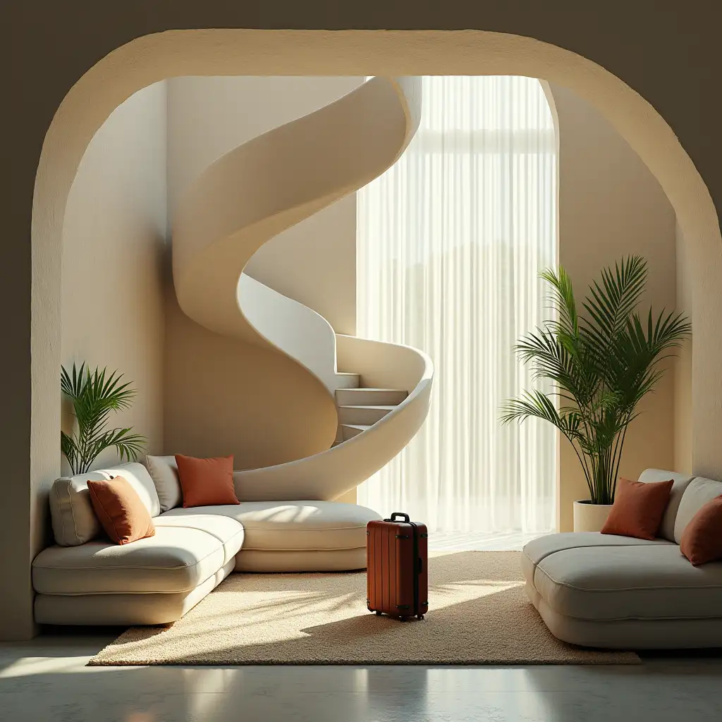 Surreal Interior Landscape with Spiral Staircase and Modern Furniture