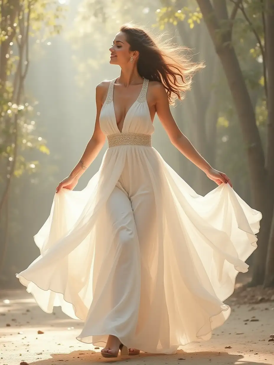 Create the image of a beautiful woman dressed in white dancing happily. The background should be artistic.