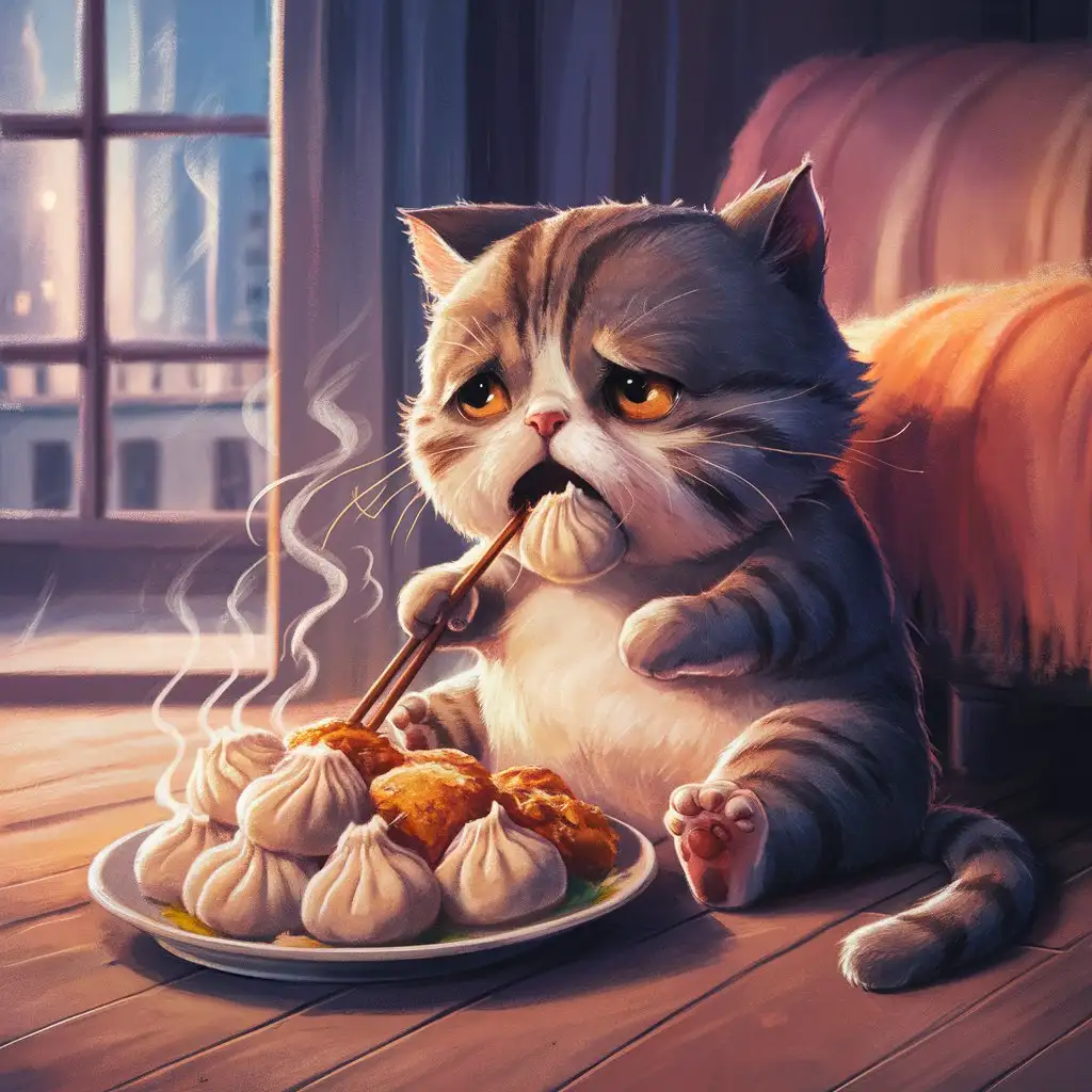 Sad cat eats dumplings
