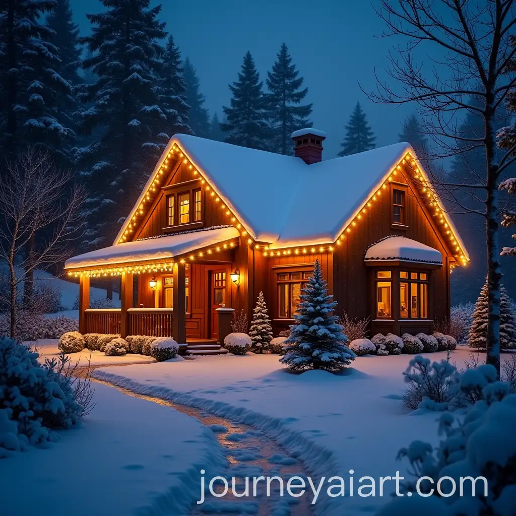 Cozy-Country-House-at-Night-with-Snow-and-LED-Garlands