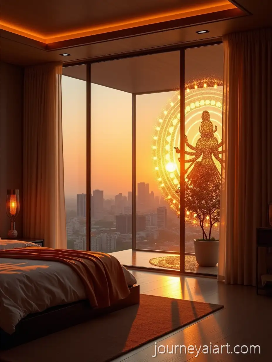 Luxurious-Modern-Bedroom-with-Panoramic-City-View-and-Radiant-Goddess-Durga-Art