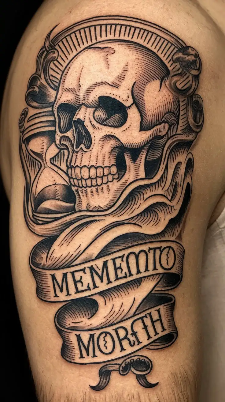 Closeup-Medieval-Engraving-Tattoo-of-Skull-and-Hourglass-Symbolizing-Memento-Mori