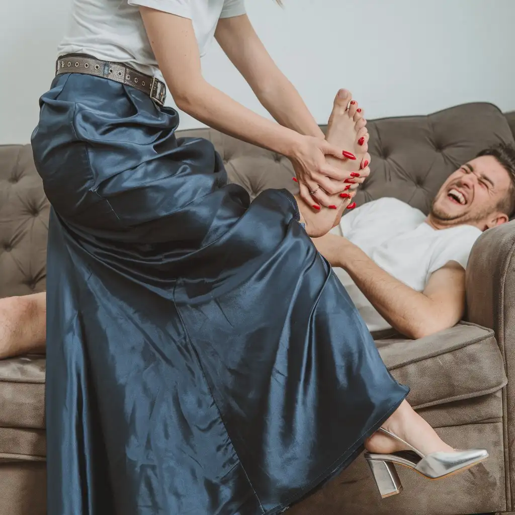 Woman-Holding-Husbands-Bare-Foot-While-He-Laughs-on-Sofa