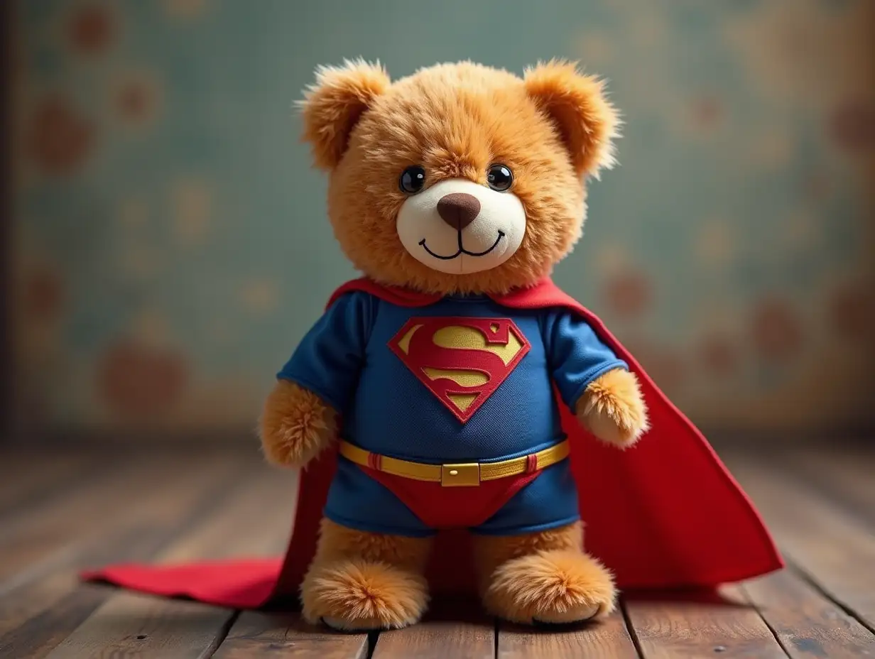 Create a digital photo of a teddy bear with superman costume