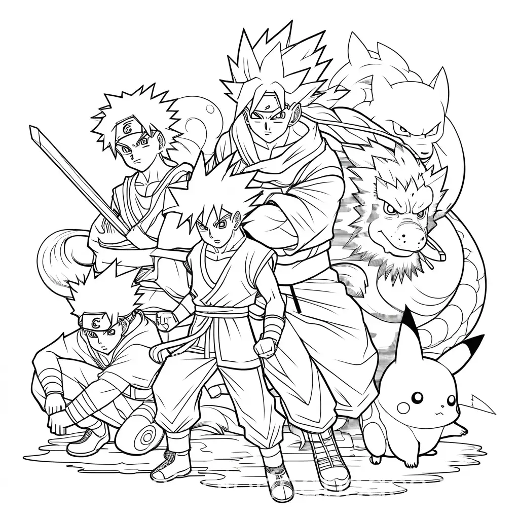 Goku-and-Naruto-with-Pokmon-in-a-Minimalist-Coloring-Page