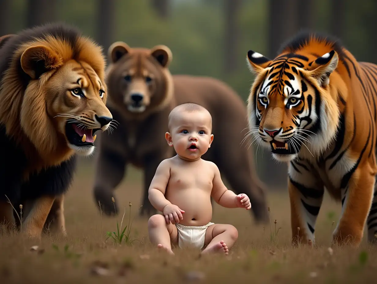 A baby in the midst of fierce animals like tigers, lions and bears. There is no harm to the baby from fierce animals