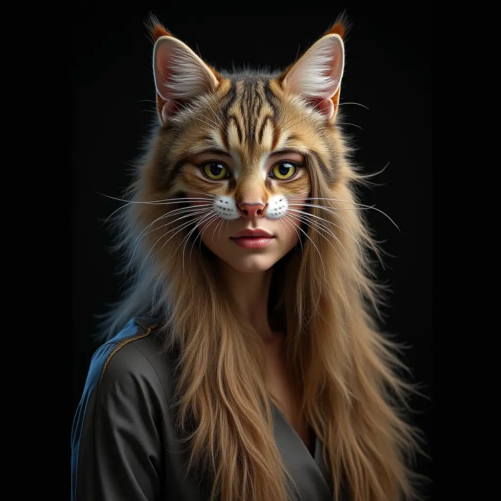 A hyperrealistic portrait of a woman with cat's head with long fur, intricately detailed, colorful with a black background