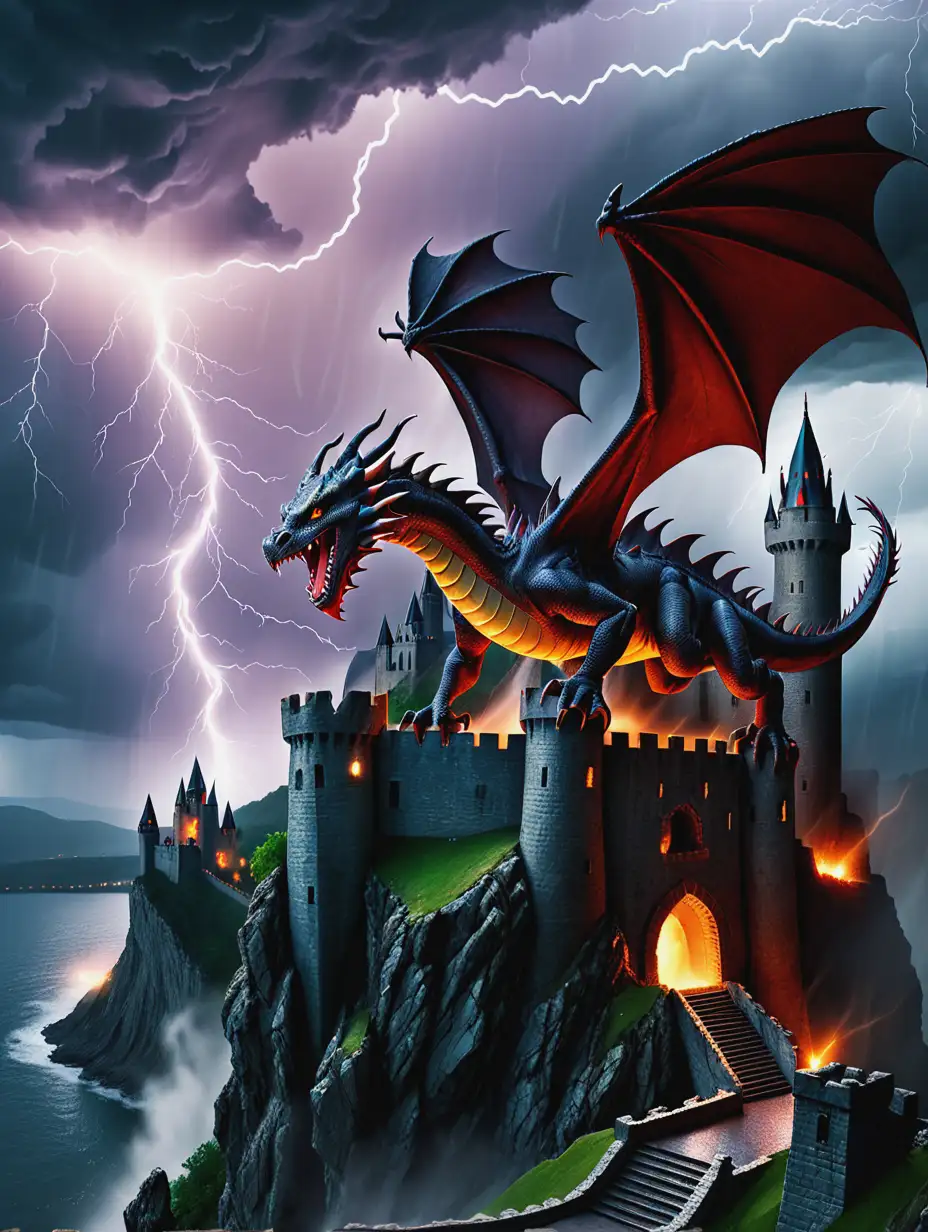 Dragon Attack on Cliffside Castle in Lightning Storm