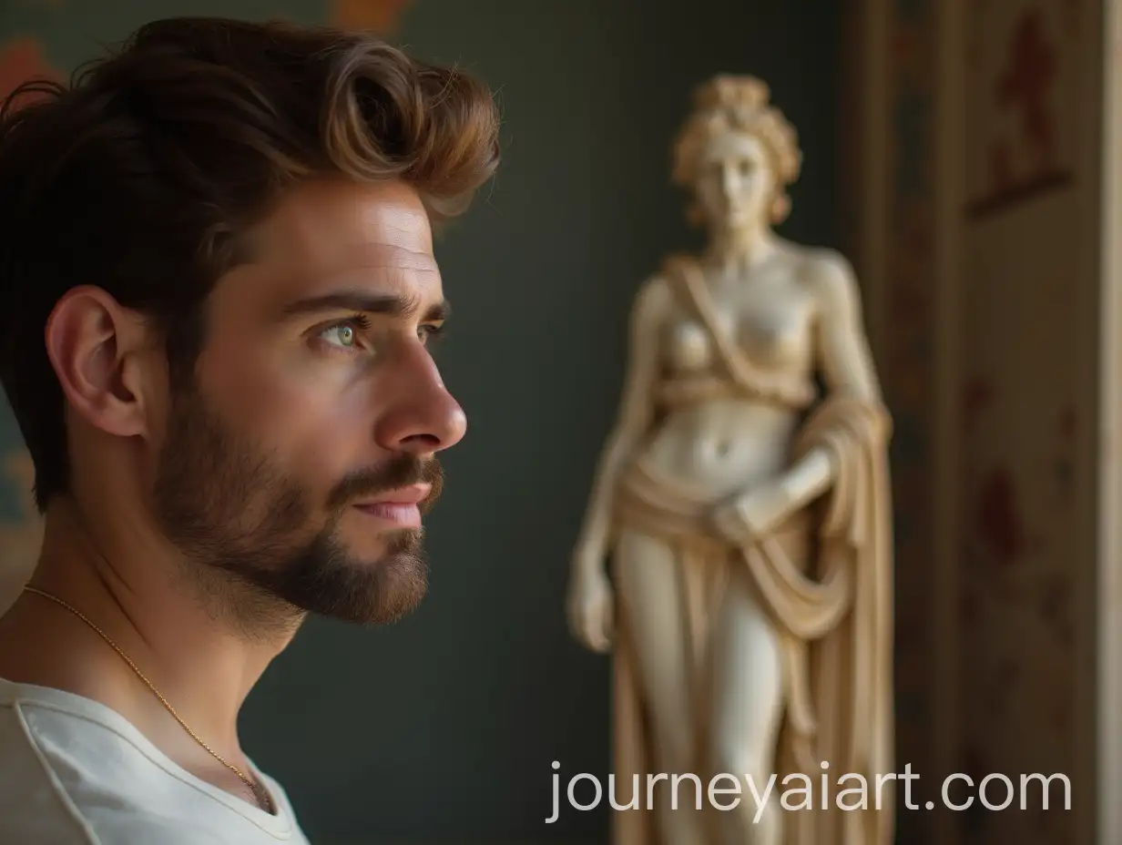 Man-Observing-Greek-Statue-of-Woman-in-Luxurious-Clothing
