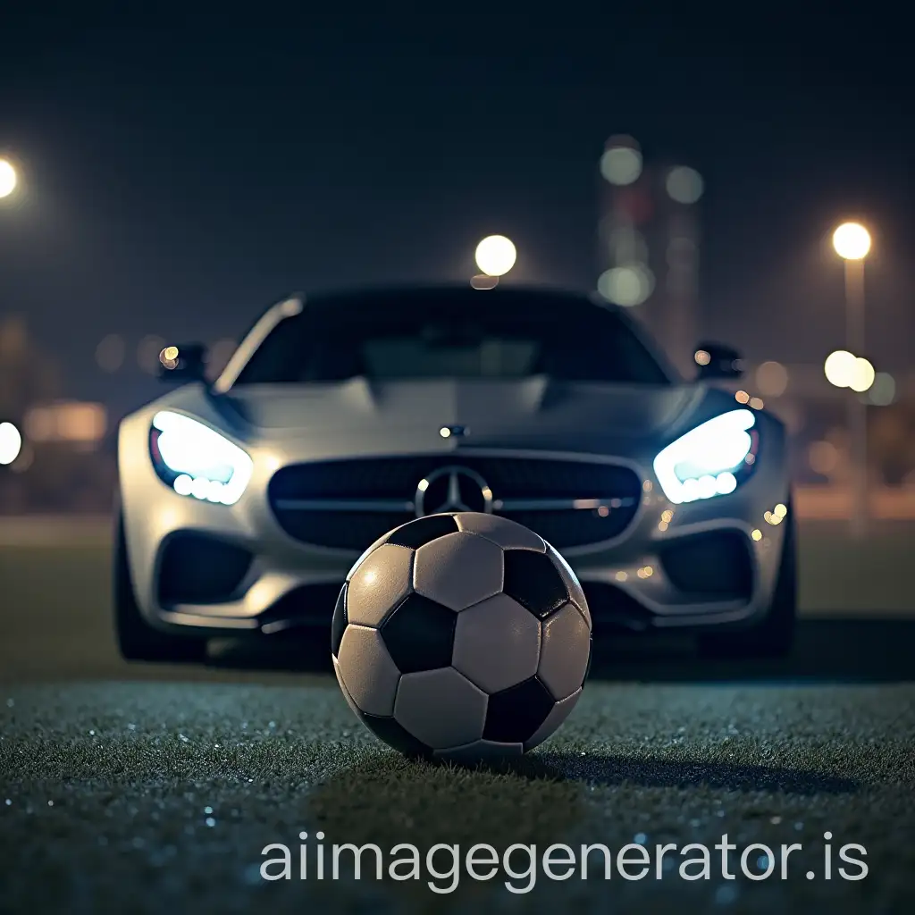 Soccer-Ball-and-Mercedes-Sports-Car-in-Urban-Night-Scene