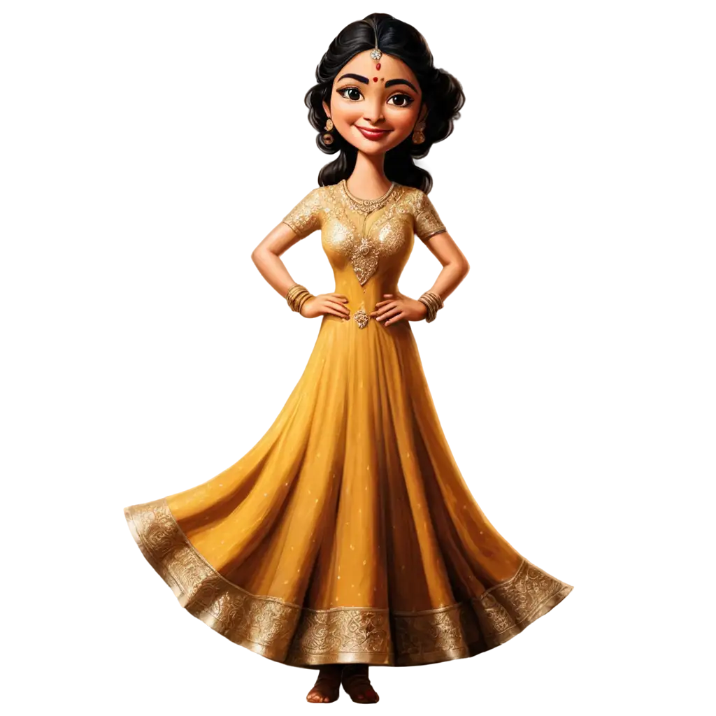 South-Indian-Caricature-in-Golden-Anarkali-PNG-Image-Capturing-Traditional-Elegance-in-Digital-Art