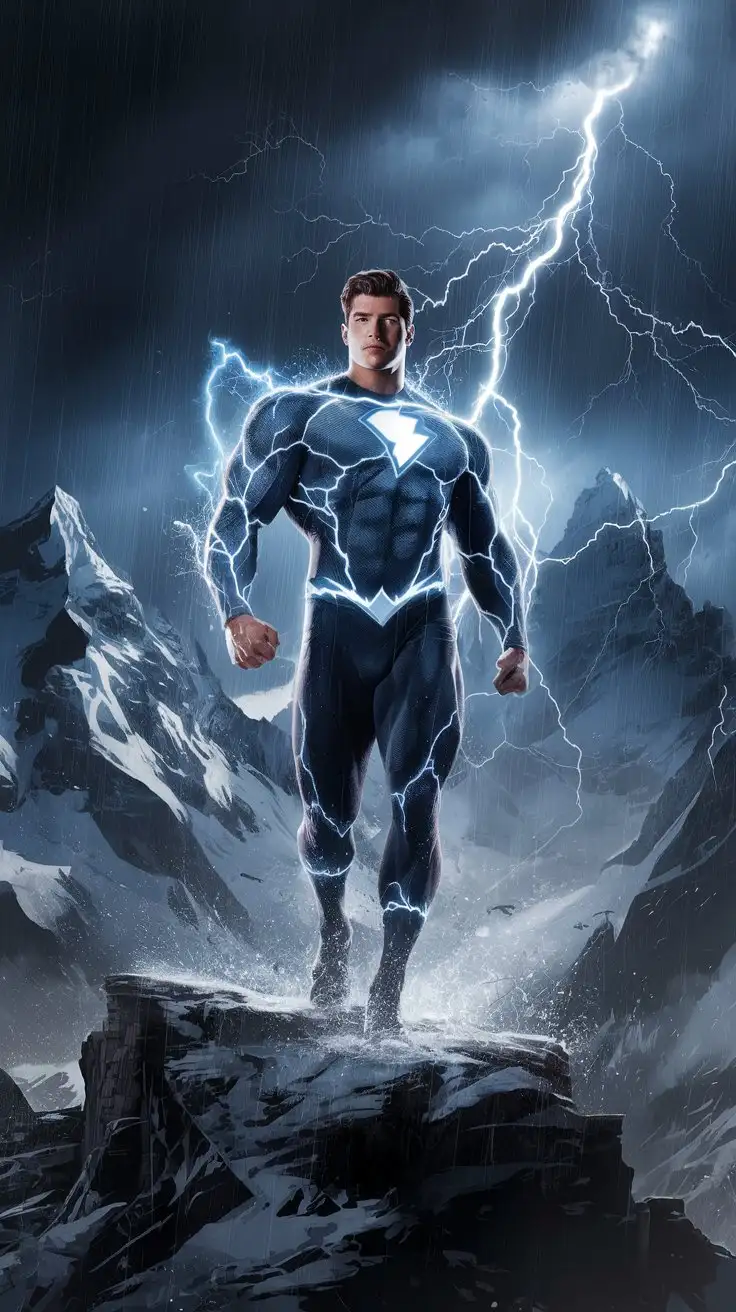 On a secluded mountain range. Supercharged brawn. Herculean powers. Blue electrical glow. 27-year-old superhero stands bellowing triumphantly in a lightning storm. Warrior of virtue. Hero of power. Man of destiny.