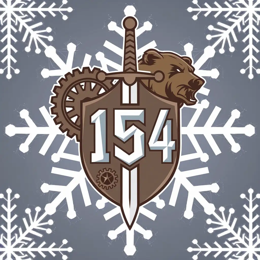 a vector logo design,with the text "154", main symbol:A graphic logo: a shield and a sword, on the shield are gears with a brown bear head. The whole drawing on a snowflake background.,Moderate,clear background