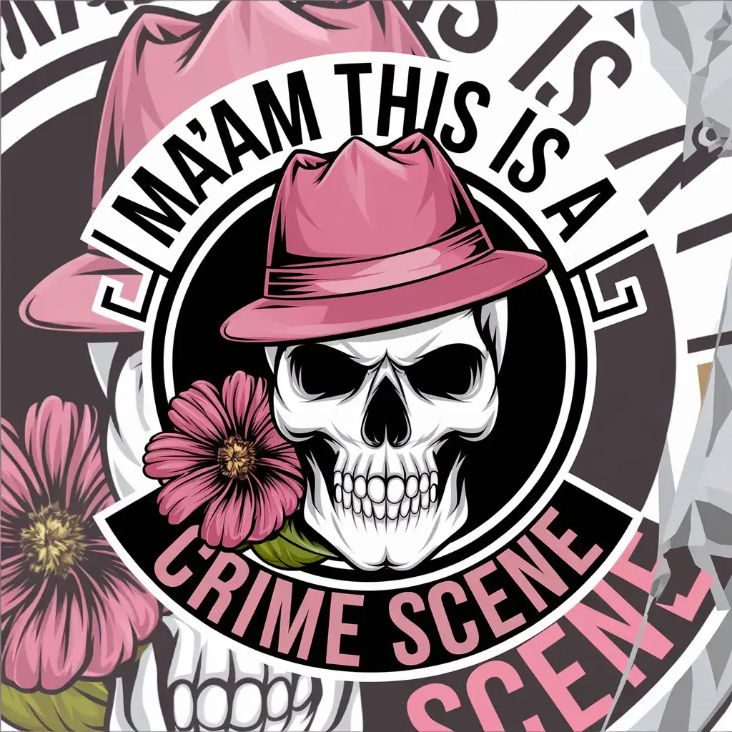 LOGO Design for Maam This is a Crime Scene Skull with Pink Detective Hat Flower and True Crime Theme