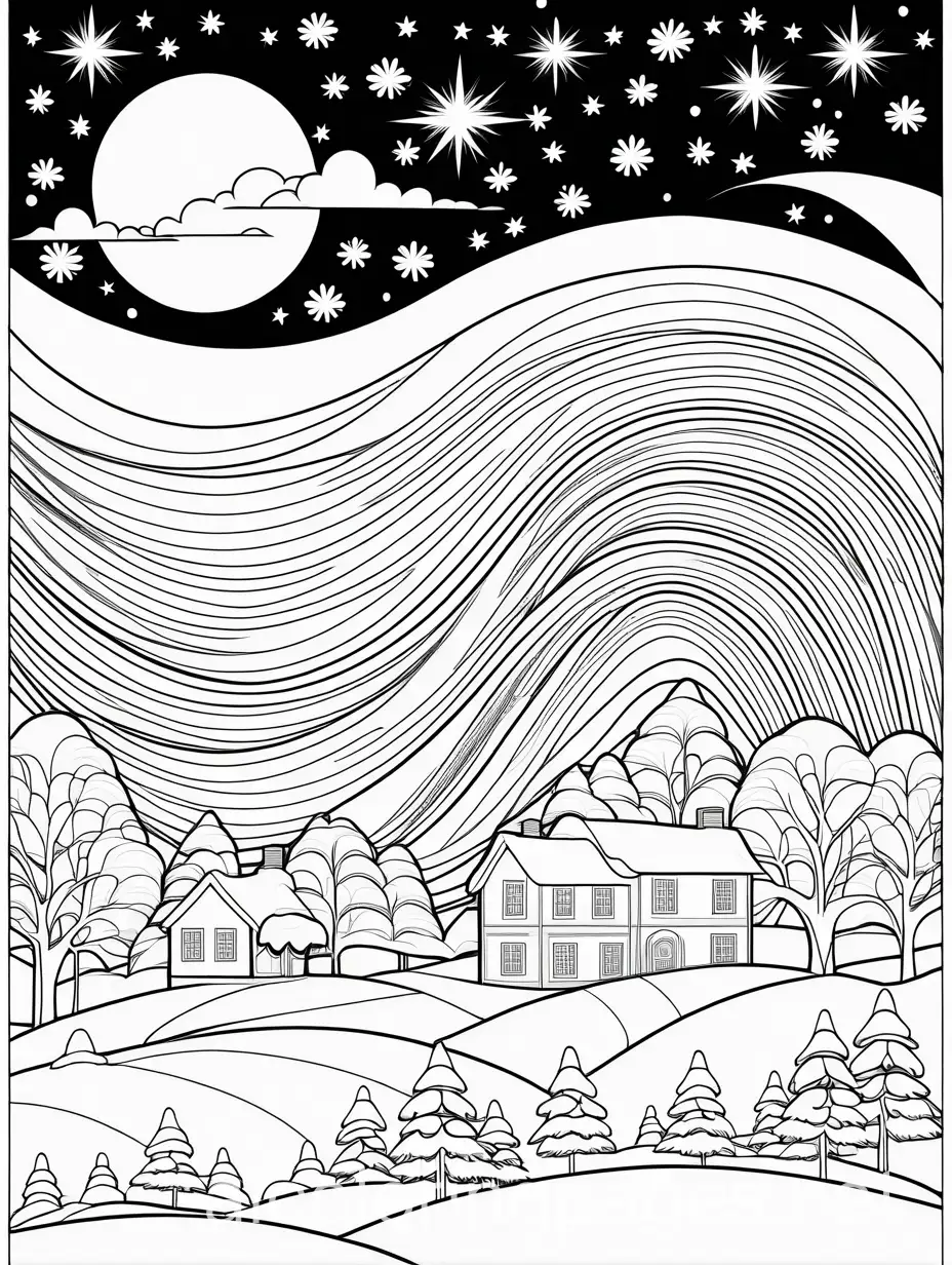 A magical swirl of snow and stars forming a winter scene., Coloring Page, black and white, line art, white background, Simplicity, Ample White Space. The background of the coloring page is plain white to make it easy for young children to color within the lines. The outlines of all the subjects are easy to distinguish, making it simple for kids to color without too much difficulty