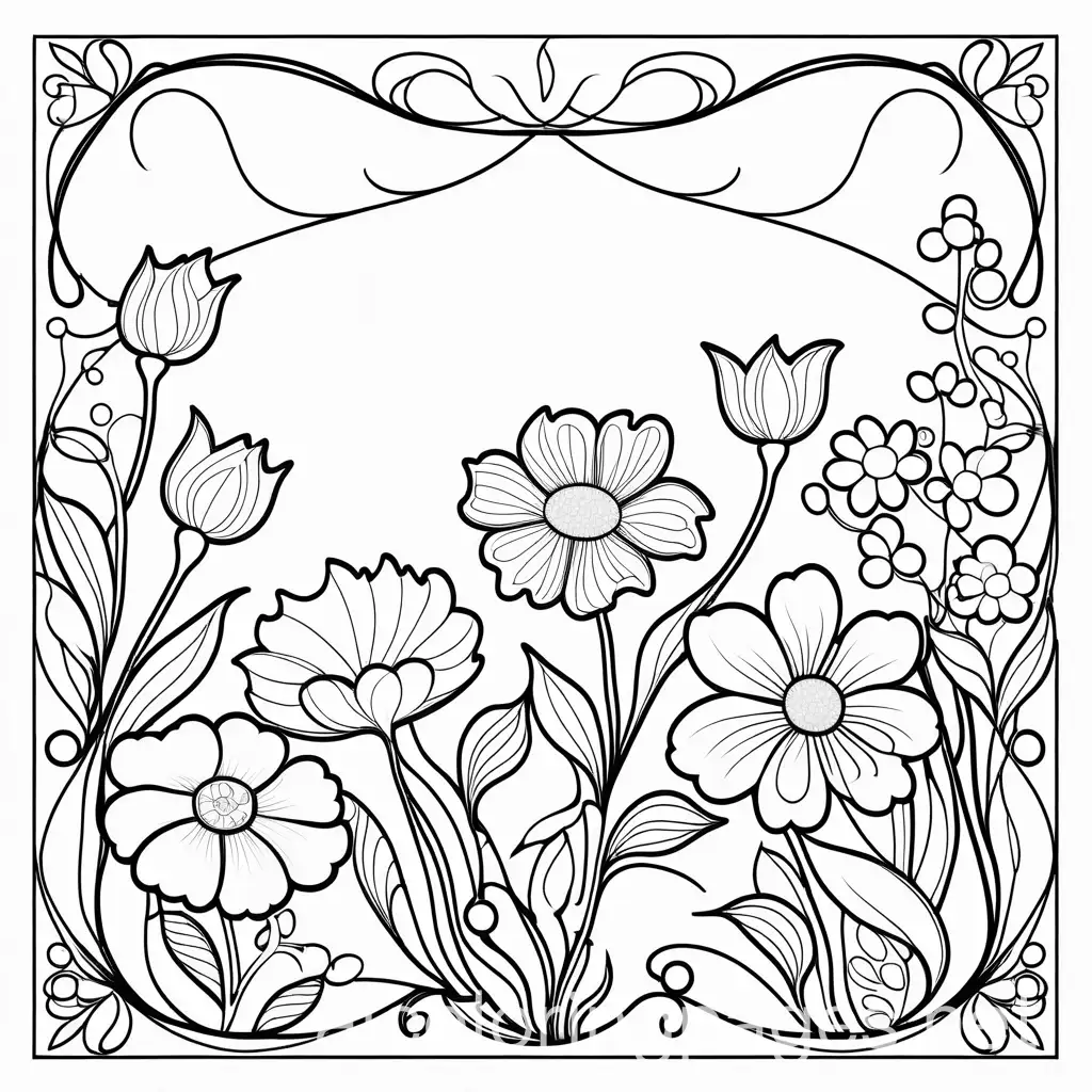 Floral pattern, Coloring Page, black and white, line art, white background, Simplicity, Ample White Space. The background of the coloring page is plain white to make it easy for young children to color within the lines. The outlines of all the subjects are easy to distinguish, making it simple for kids to color without too much difficulty