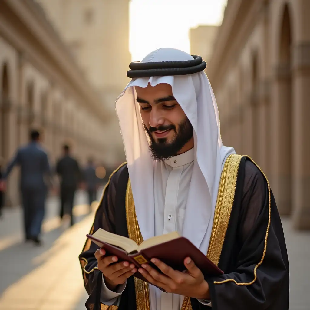 give me an image of a 28 year old saudi boy reading quran in the street of madina , he has a little beard wearing islamic attire front facing