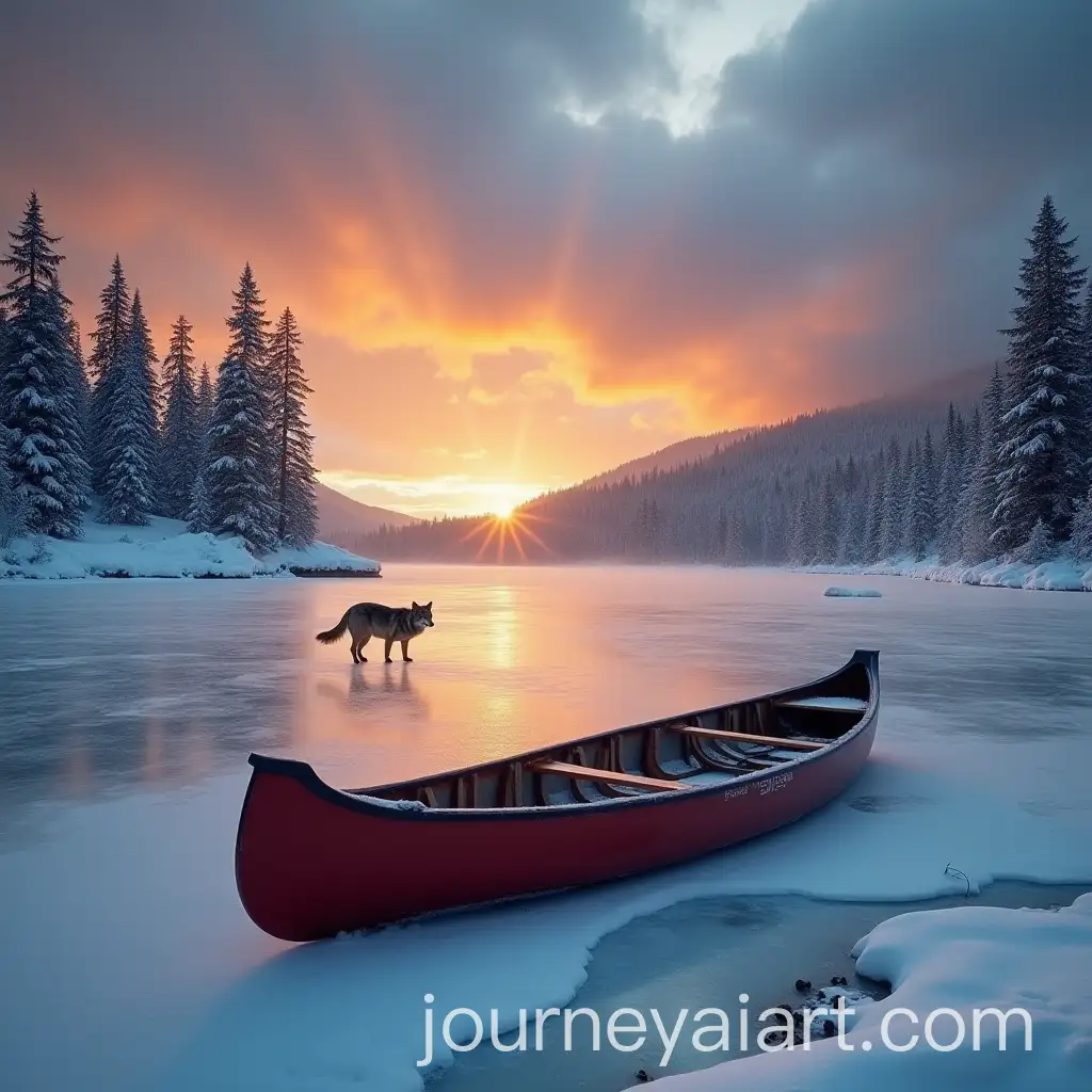 Frozen-Lake-in-Canadian-Forest-with-Wolf-Canoe-and-Sunset-Reflection