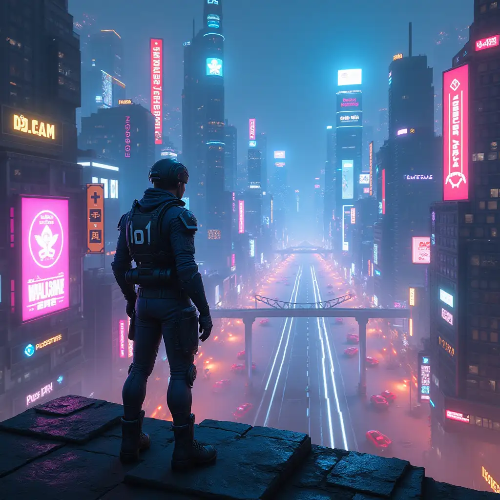 A neon-lit cyberpunk city at night, featuring flying cars, holographic billboards, and a dark futuristic atmosphere. A lone hero in a high-tech suit stands on a rooftop, gazing at the vibrant metropolis