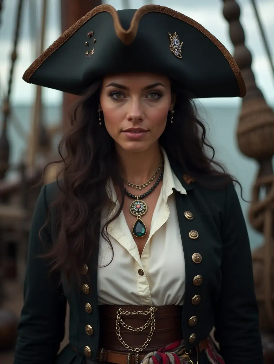 front view of a European black median hair white woman as pirate in closed jacket over white shirt, talisman-jewelry over shirt, her fabric belt, she in pirates hat. She on ship sales.