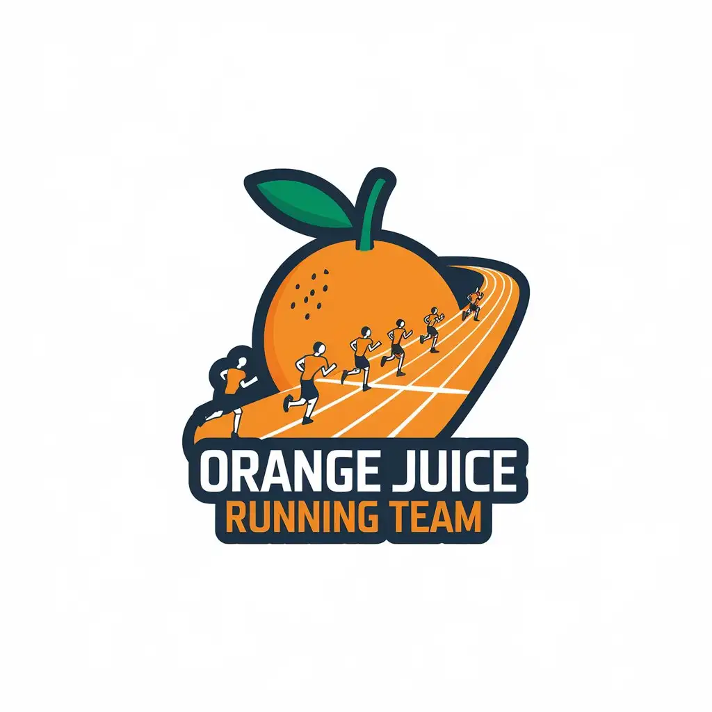 a vector logo design,with the text "orange juice running team", main symbol:Orange, running little people, track,Moderate,be used in Sports Fitness industry,clear background