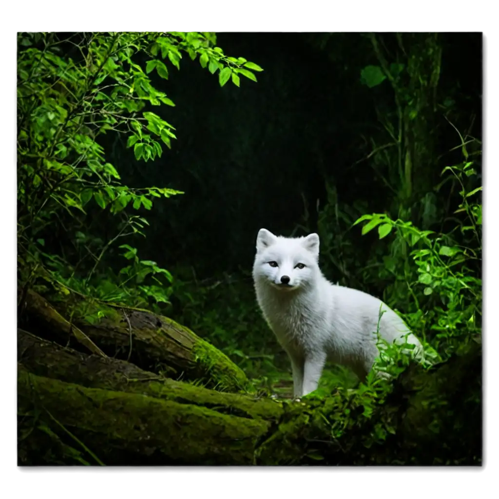 Arctic-Fox-at-Night-Surrounded-by-Jungle-PNG-Image-Enchanting-Wildlife-Contrast