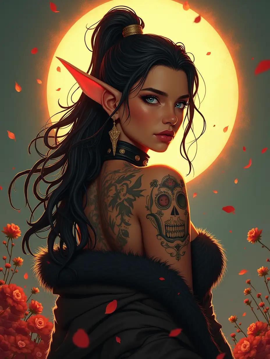 Artistic expression in the style Space Opera, (masterpiece:1.3), (perfect art:1.3), by G-host Lee, portrait of a girl tiefling, brawler amazing anatomy, full body, Muscular arms, portrait tattoo, with honey eyes, pompadour, dressed in the berserker's fur, carefree pose, cowboy shot, in the background a garden of eternal spring where flowers bloom year-round, their petals imbued with the scent of paradise, gentle ripples of magic spreading wisdom and insight style, backlight positioned behind the subject to create a rim of light, adding depth and separating the subject from the background, style by Jerry Pinkney, image should be exhaustive, genuine authenticity in portrayal, HDR, technical drawing render, trending on VSCO