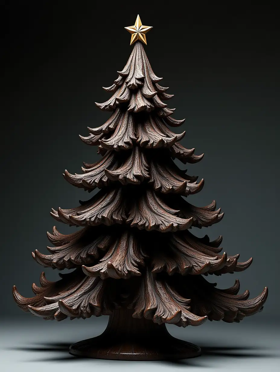 Design an exquisite 3D wood carving of a classic Christmas tree, expertly crafted from black wood to maximize its glossy appeal. The tree features intricate carvings and is enhanced with colorful polish to bring out its festive charm. Use studio lighting to highlight the detailed carvings and the polished surfaces, ensuring every detail is vividly brought to life