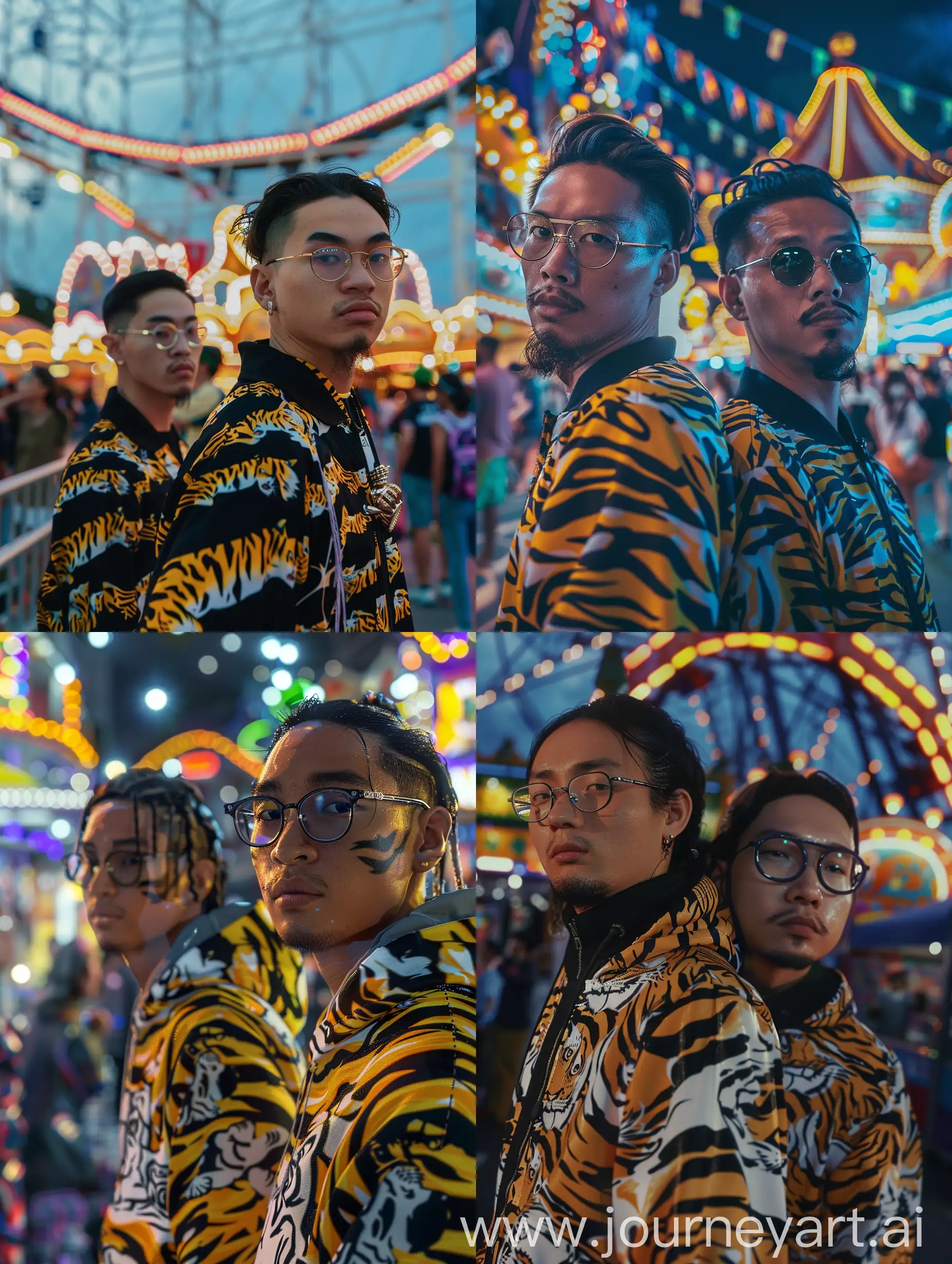 Close-Up-Ultra-Realistic-Malay-Men-Jogging-in-Tiger-Patterned-Tracksuits-at-Amusement-Park