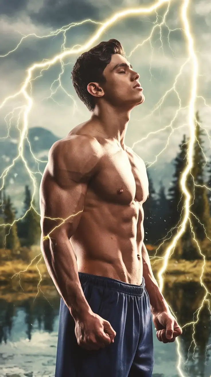 18-year-old receiving the gift of super brawn from the gods. Intense golden lightning.