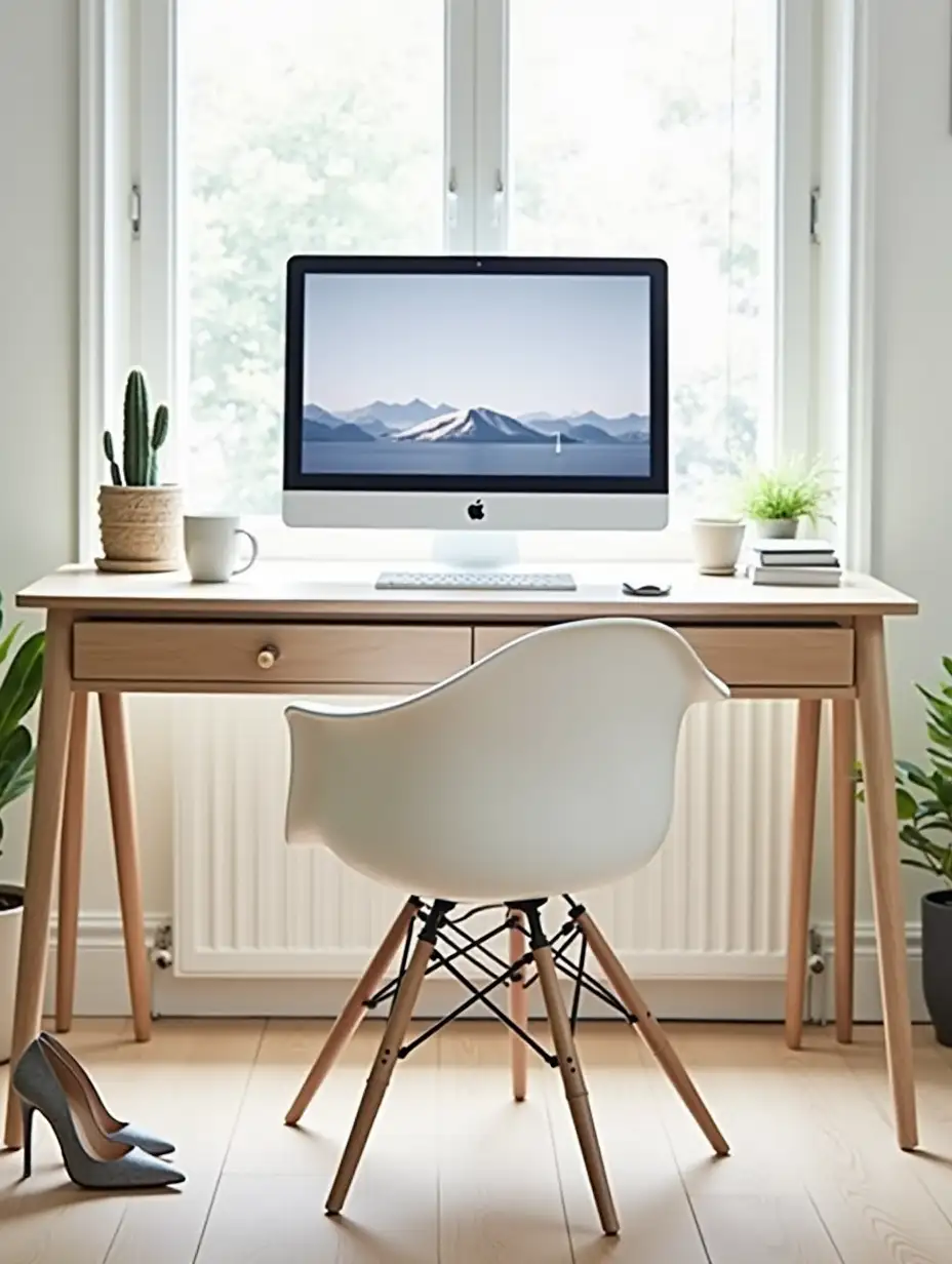 A bright office, a window, a computer desk, a cactus on it, an apple-style monitor, a thin keyboard, a mouse. A computer chair with gray stilettos next to it, a light laminate floor