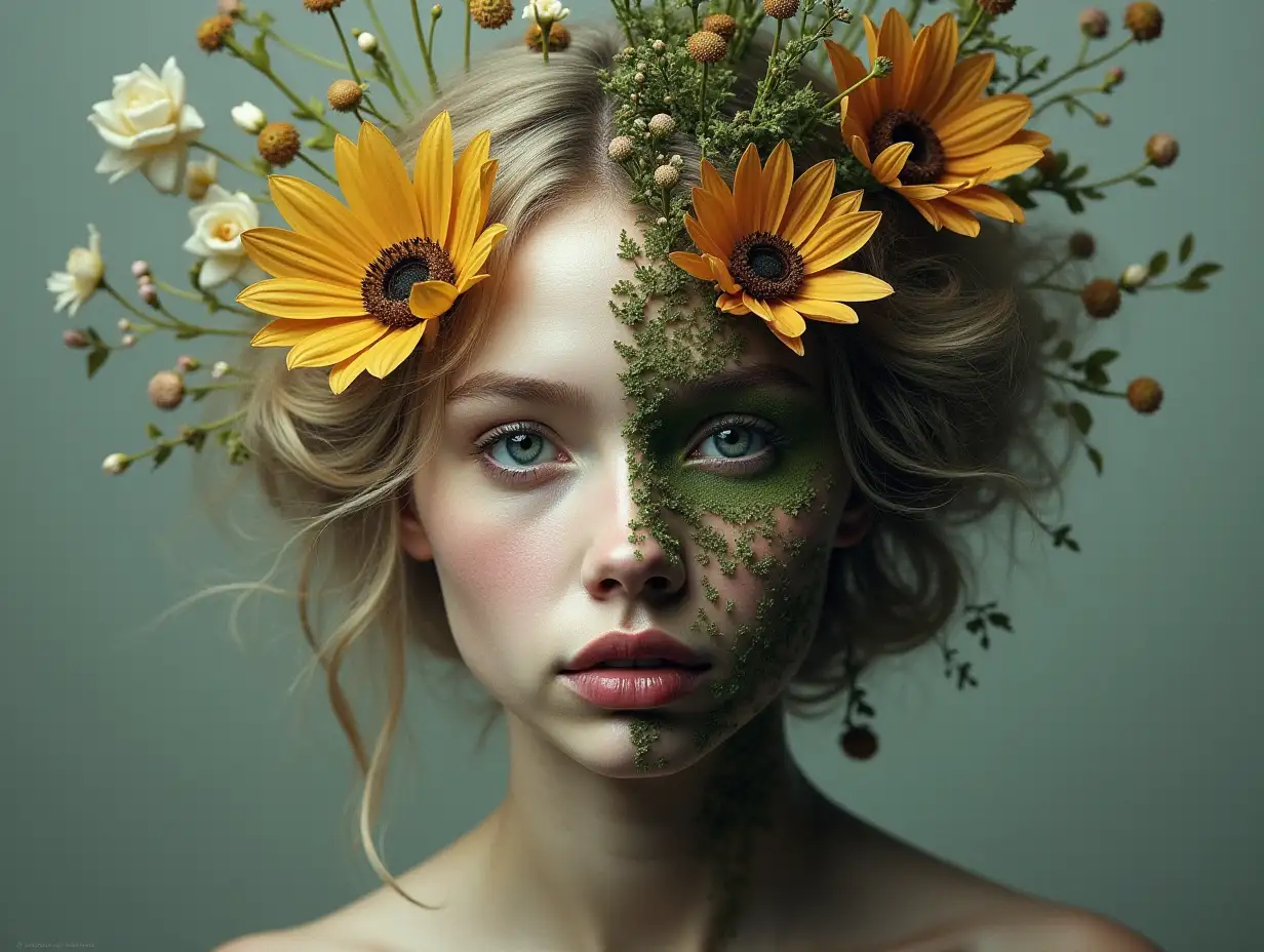 Surreal Split-Faced Woman Portrait with Nature Elements Art