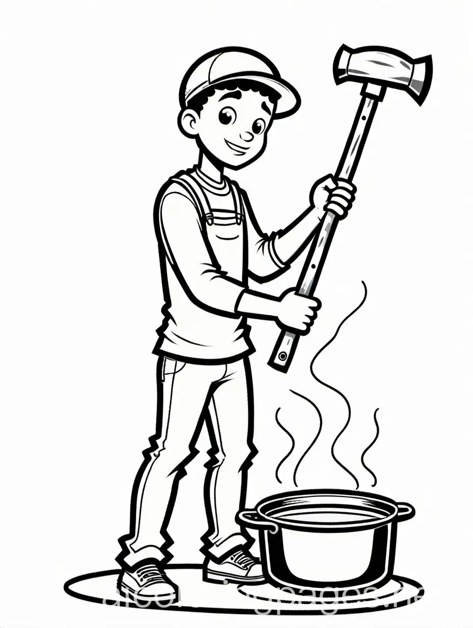an young black man pounding a metal pan with a hammer, Coloring Page, black and white, line art, white background, Simplicity, Ample White Space