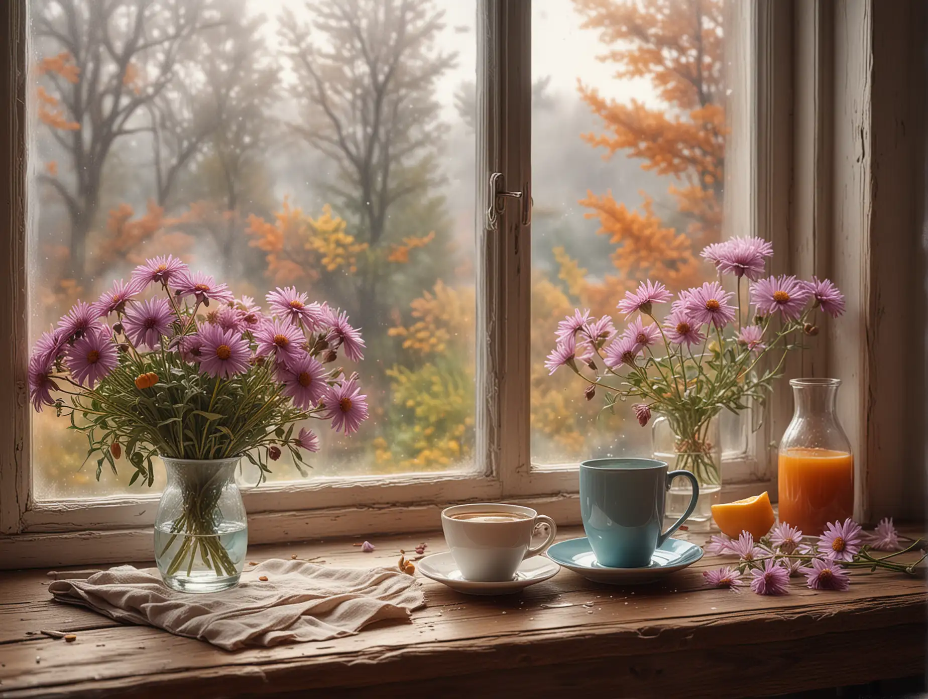 Mesmerizing digital artwork in the style of airbrush drawing. Soft misty morning in an early autumn day, on a wooden table by a window there is a cup of steaming coffee, a glass of juice and a vase with delicate asters. Shimmering autumn landscape can be seen through the window. Dreamlike serene atmosphere. Text above with delicate hand-written letters saying exactly ”Good morning”