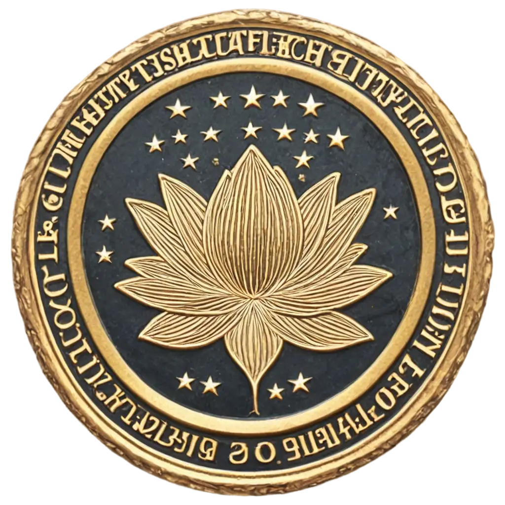 Insert an abstract Lotus flower artwork in the center of the Presidential seal. Replace the bald eagle with an abstract Lotus flower.