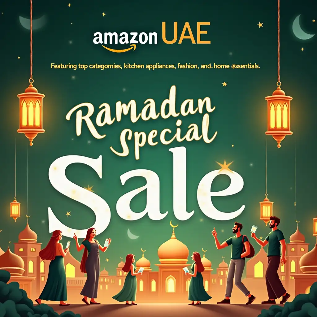 Ramadan-Special-Sale-on-Amazon-UAE-with-Shoppers-and-Lantern-Decorations