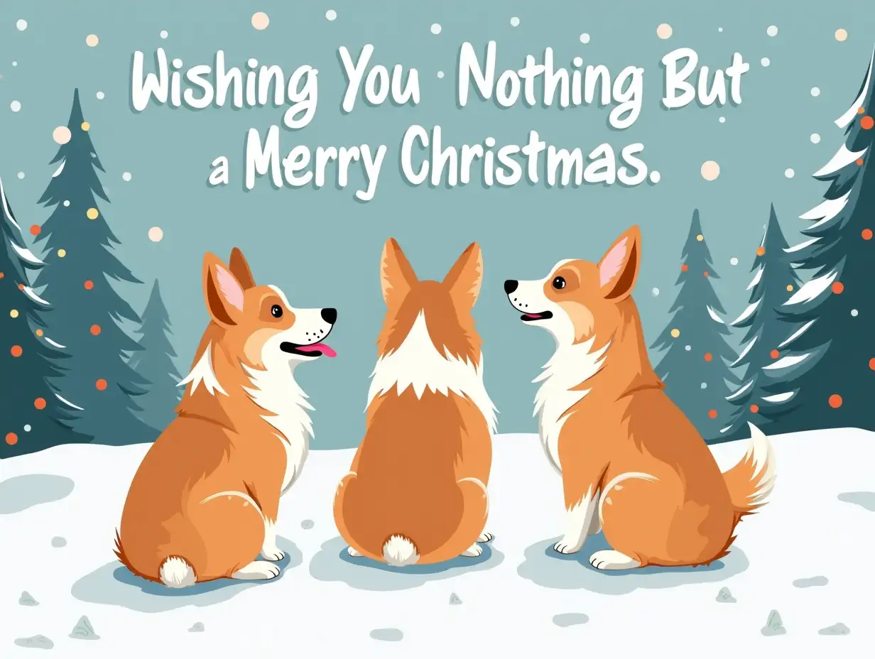 Vector. Featuring The text 'Wishting You Nothing But a Merry Christmas' above it. Only the beautiful buttocks of three Corgi dogs can be seen, standing in a snowy winter landscape. A Christmas landscape with a Christmas tree is in the background. Caricature style