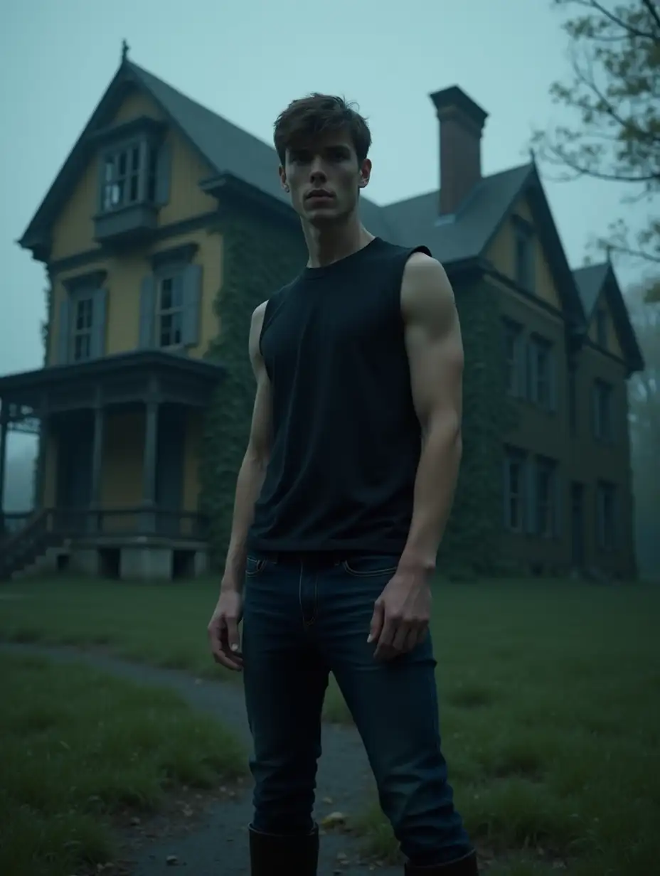 Athletic-Man-in-Front-of-Haunted-Abandoned-Mansion-at-Dusk